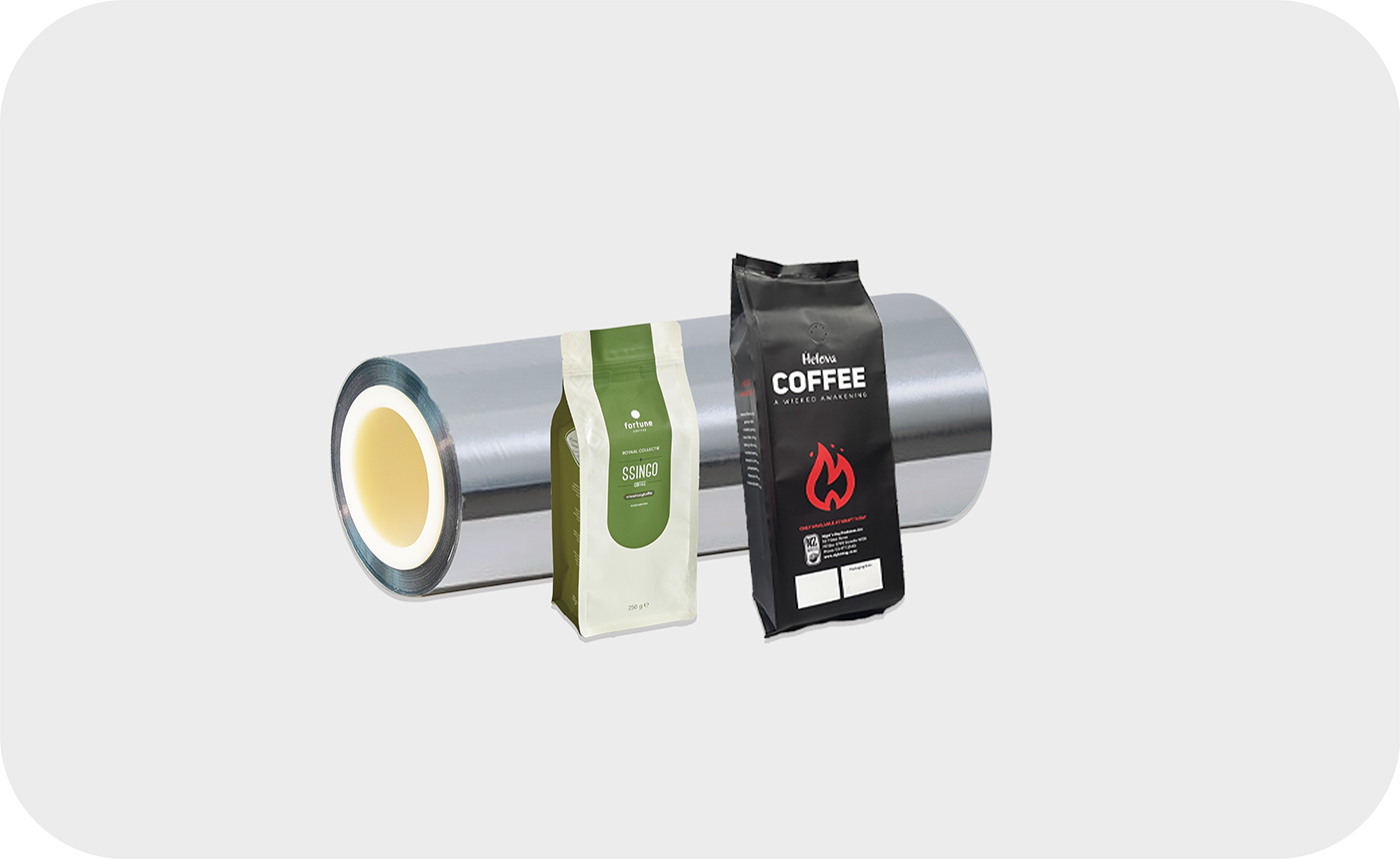 Green and black COFFEE packaging with a roll of aluminum foil packaging material,this film can serve as a middle layer in a triplex structure and replace non-recyclable metallized films.